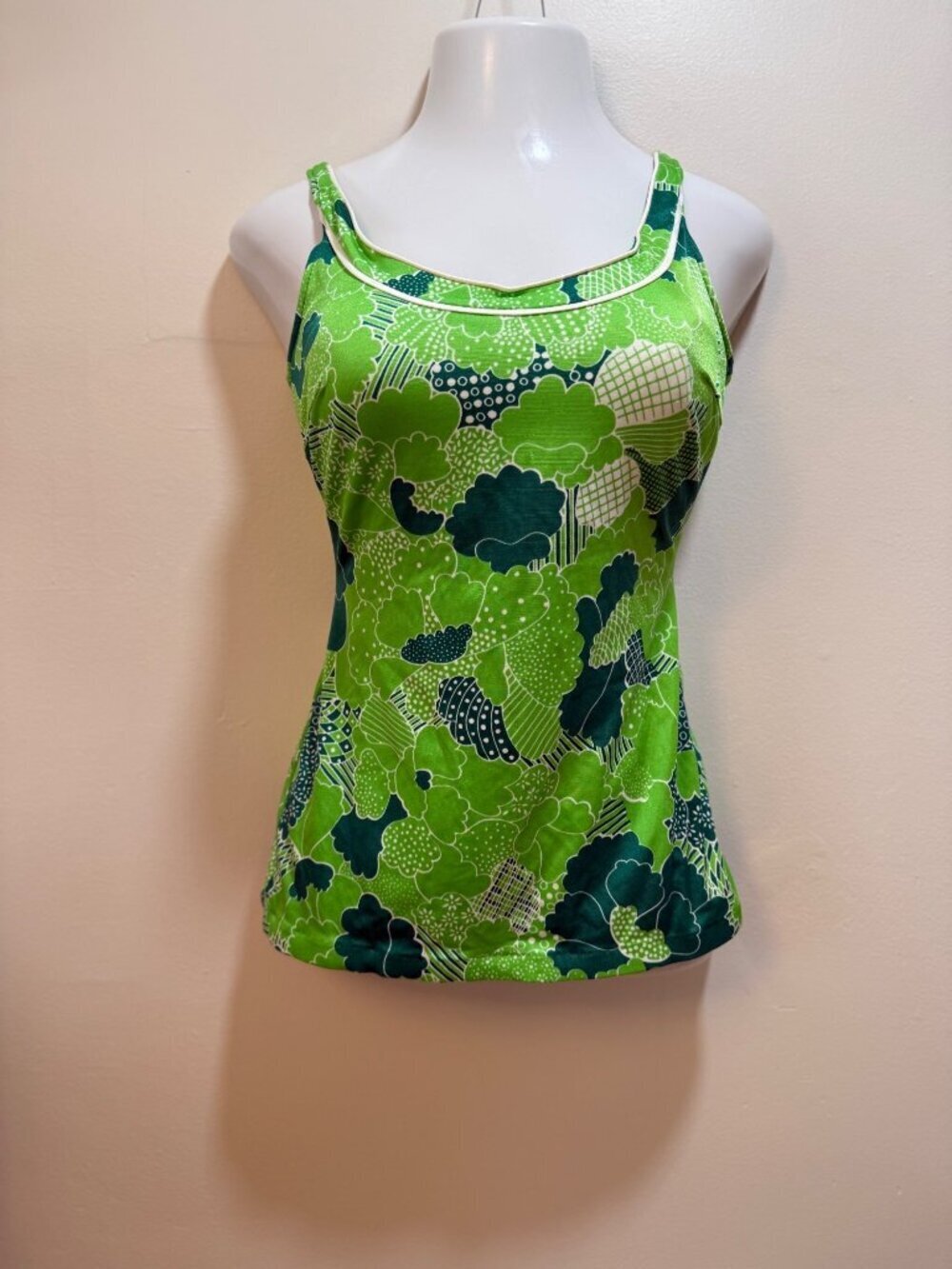 Elisabeth Stewart Green & White Floral One-Piece Swimsuit Size 16 VINTAGE USA